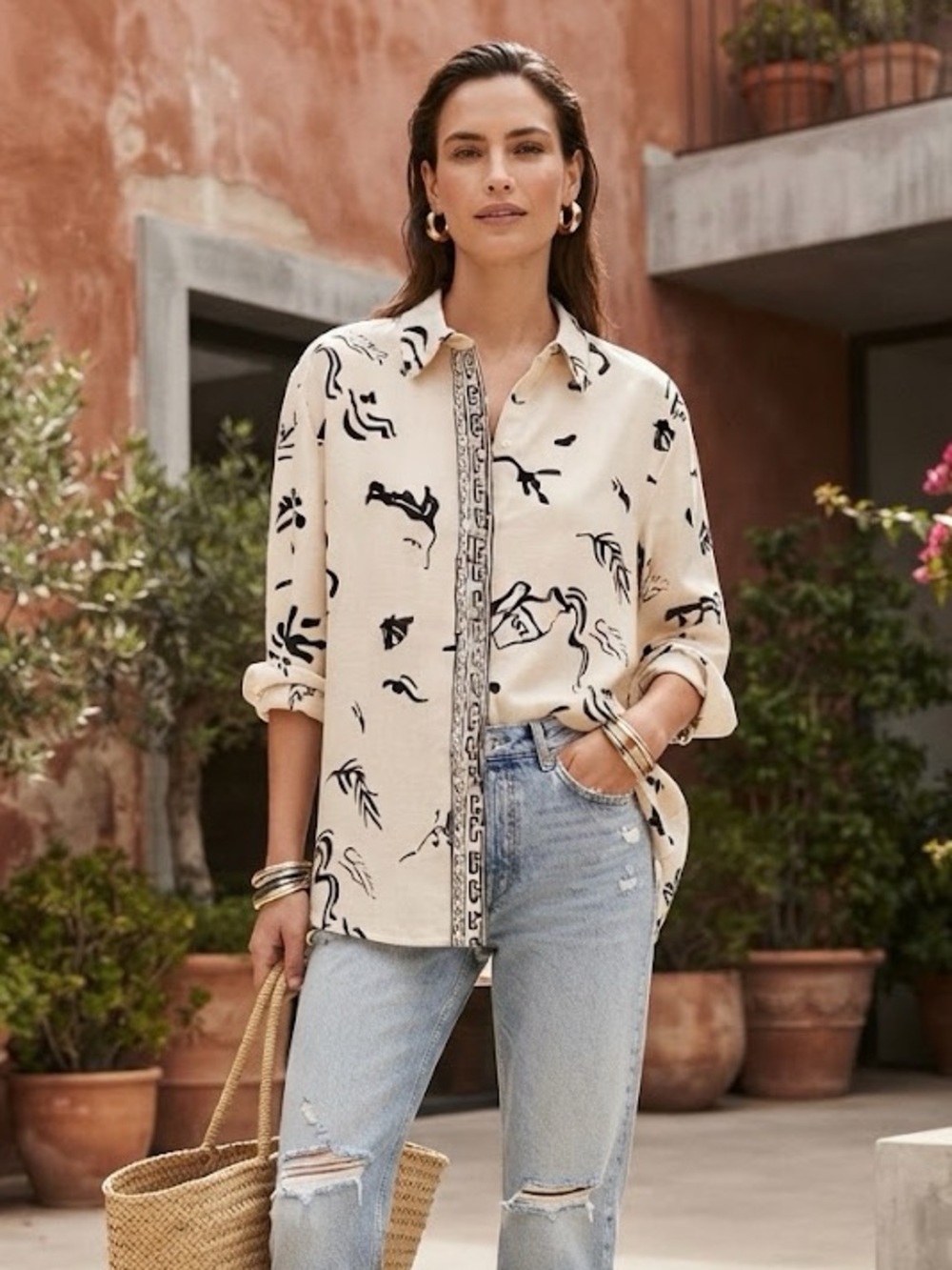 H&M Linen Abstract Button Up in Cream and Black Oversized size S